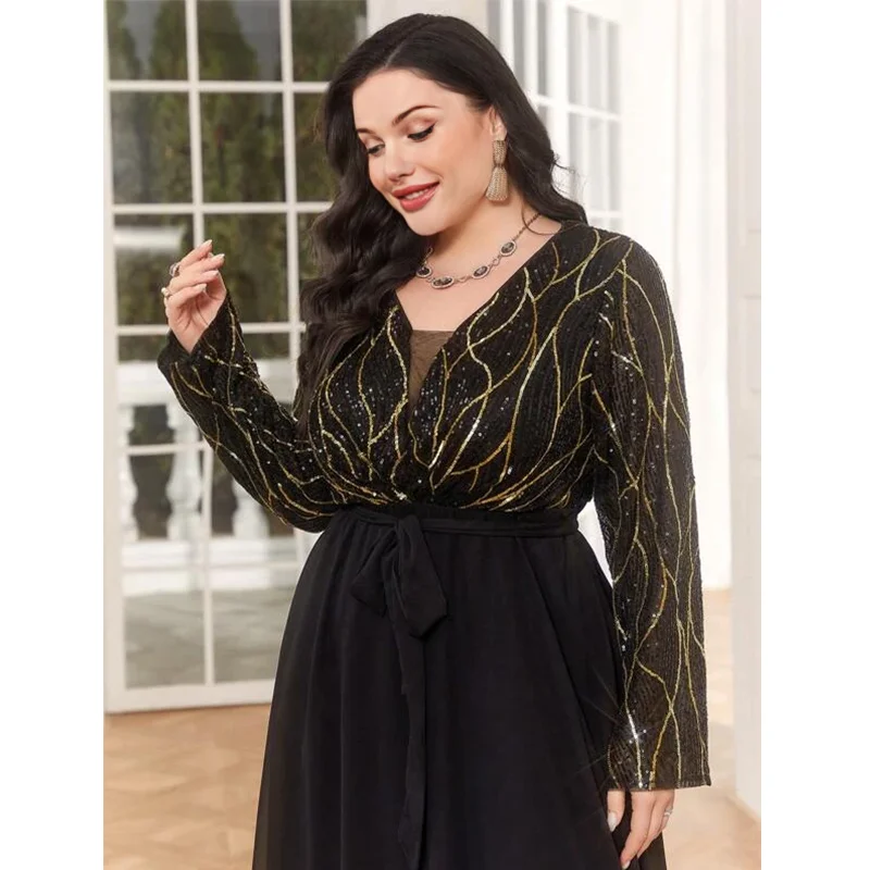 Plus Size Black Shiny Chiffon Loose Luxury Evening Maxi Muslim Dress 4XL 5XL Party Banquet Black Elegant Muslim Dress Plus Size