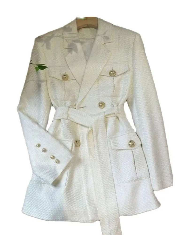 

Mid-length Waisted Suit Coat+Belt Women Autumn Double-breasted Rivet Jacket Slim Casual Long Jackets
