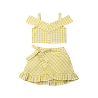 18m 5t kids baby girl clothes set toddler summer yellow plaid off shoulder sleeveless v neck crop top skirt 2pcs outfit clothing