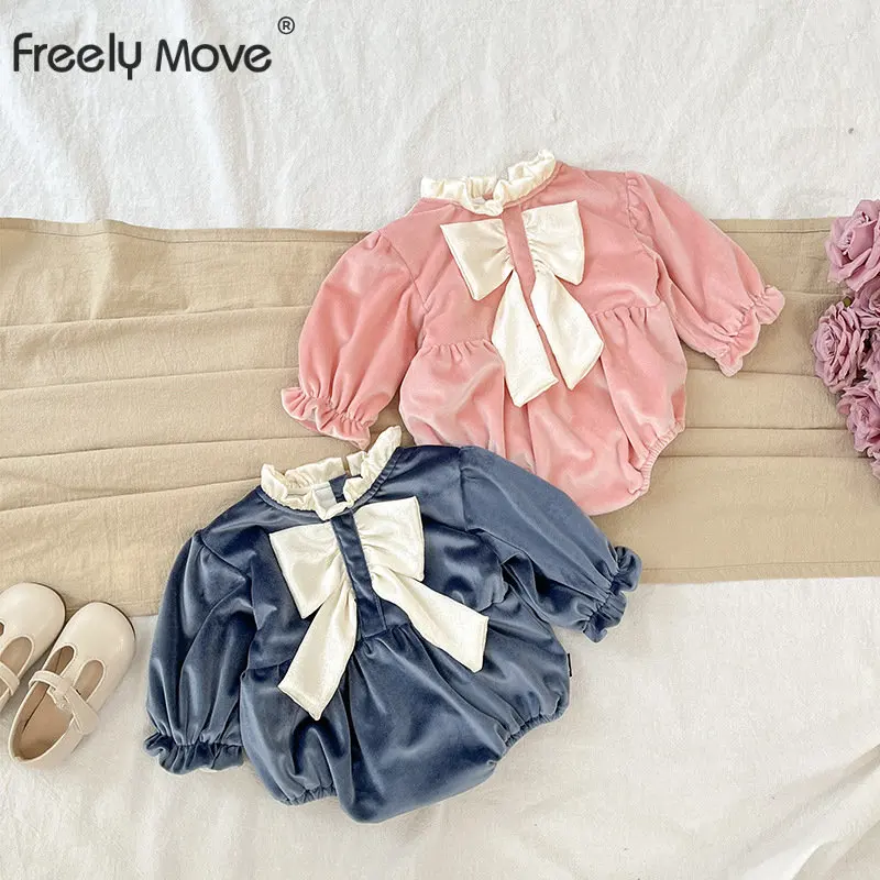 

Freely Move 2022 Autumn New Baby Girl Ruffle Collar Bodysuit Bowknot Cute Baby Jumpsuit Infant Long Sleeve Clothes Cotton Onesie