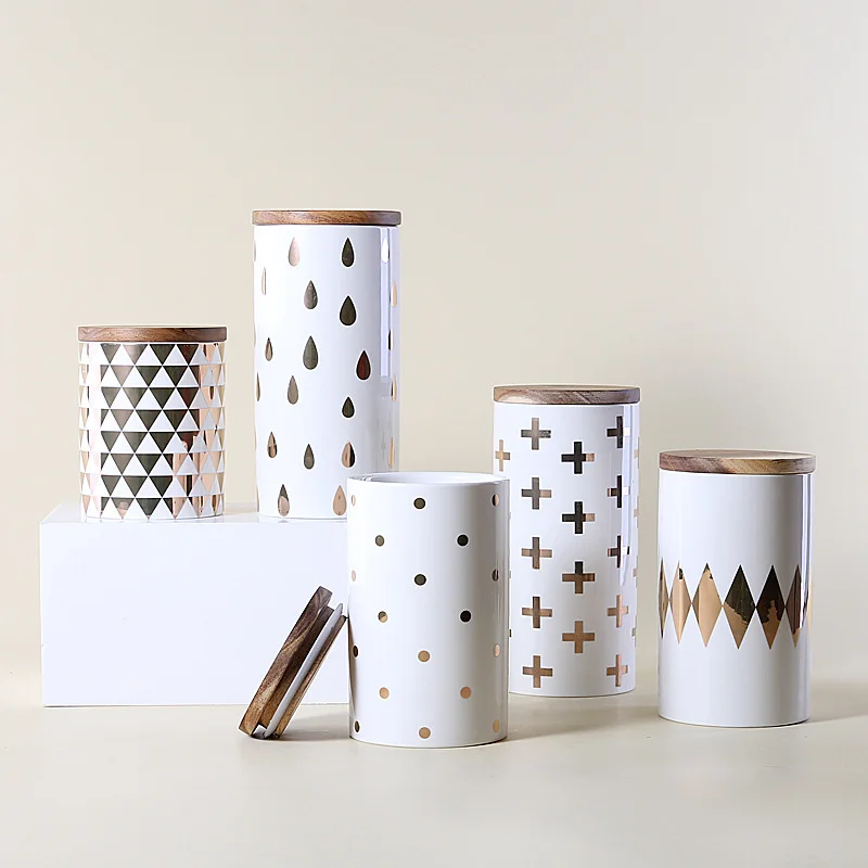 

wooden Creative lid golden ceramic storage jar sealed jar kitchen storage jar Nordic vase decoration home decoration ornaments