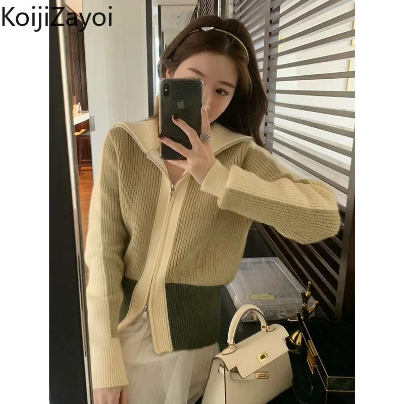 

Винтажный Женский вязаный кардиган Koijizayoi, Женский шикарный весенне-осенний кардиган на молнии в стиле пэчворк, цветные повседневные свободные кардиганы 2022