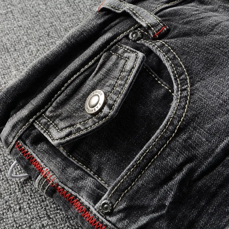 Fashion Designer Men Jeans Retro Washed Black Gray Elastic Stretch Slim Fit Ripped Jeans Men Trendy Designer Denim Pants Hombre