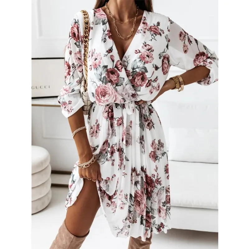 

Chic Floral Printed Dress for Women Elegant Summer V Neck Chiffon Midi Dress Female A-Line Sundress Holiday Party Vestidos 2022