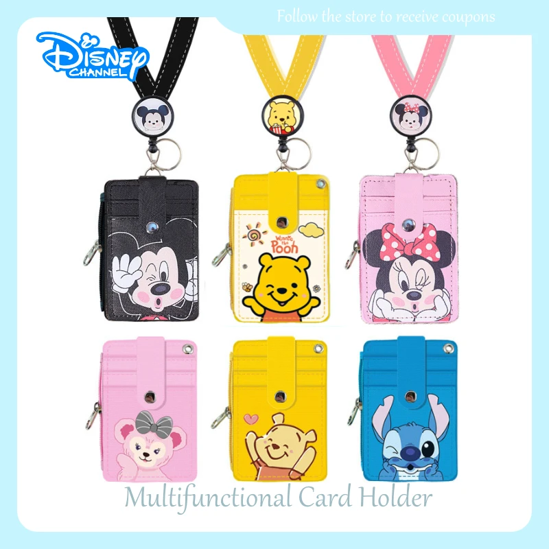 

Disney Mickey Bus Card Case Coin Purse Keychain Hanging Neck Telescopic Card Holder Stitch Cute Multi-Card Student Meal Card ID