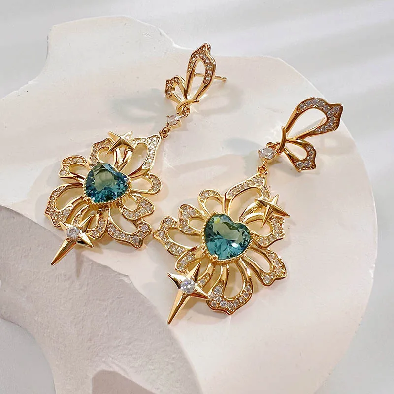 

French butterfly oil painting heart blue zircon vintage stud earrings elegant women hollow sparkling banquet jewelry