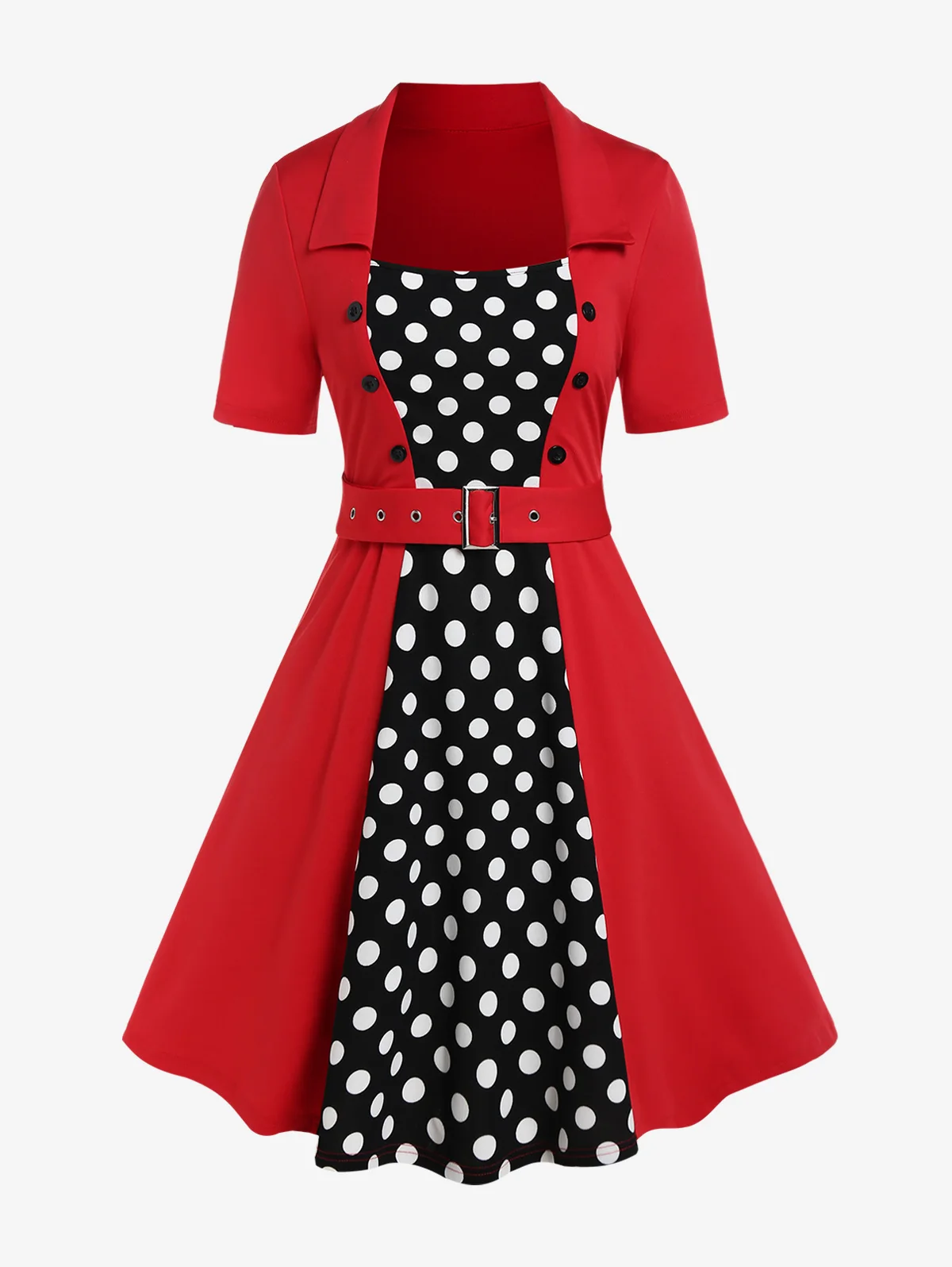 

ROSEGAL Plus Size Women Vintage Dress Polka Dots A Line Dress With Buckles Belt High Waist Turndown Collar Knee Length Vestidos