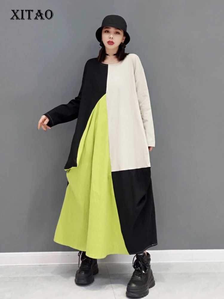 

XITAO Asymmetrical Patchwork Dress Contrast Color Personality Fashion Loose Long Sleeve Shirt Dress 2022 Spring New WMD4584