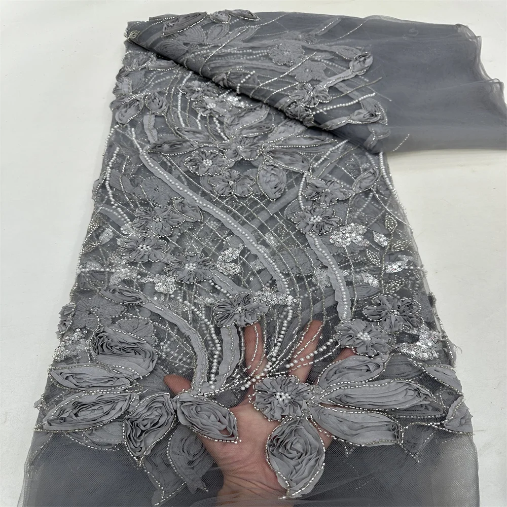 2024 модная французская сетка 3D цветы вышивка бисер кружевная ткань с блестками