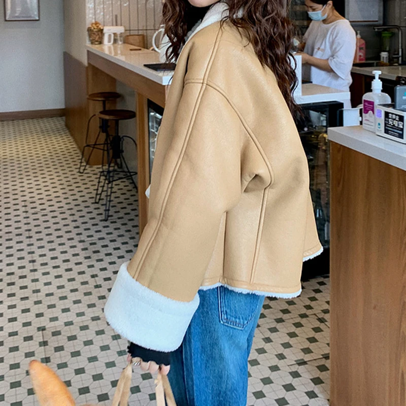 Vintage Women's Lamb Wool Coat Loose Fashion Ladies Harajuku PU Biker Jacket Street Long Sleeve Winter Warm Fur Outerwear 2022