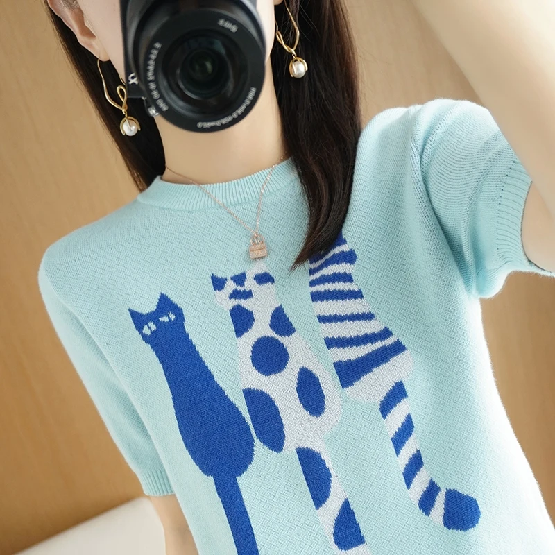 

2022 New Ladies Short Sleeve 100% Cotton Ladies T-Shirt O Neck Cartoon Pattern Fashion Ladies Short Sleeve Top T-Shirt