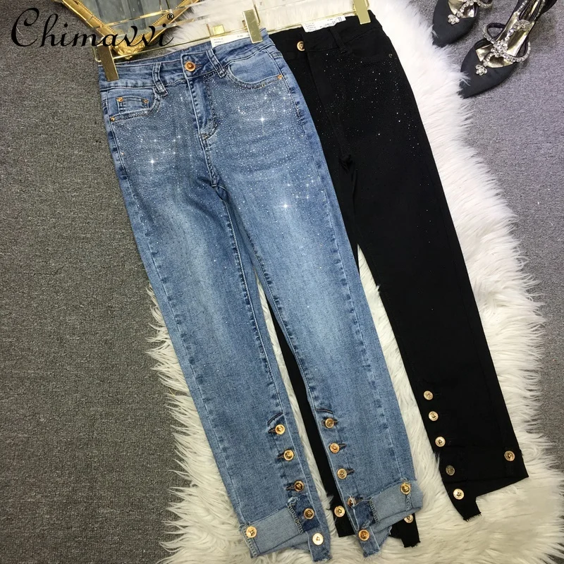 

European New Ladies Fashion Embroidery Hot Drilling Jeans Women's 2022 Summer Simple Elastic Slimming Buckle Cropped Denim Pants