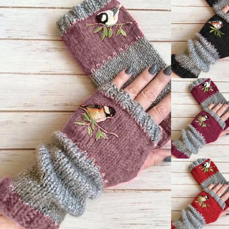 

Women Half Finger Gloves Winter Stretchy Knit Bird Embroidery Fingerless Gloves Cotton Short Hand Warmer with Thumb Hole