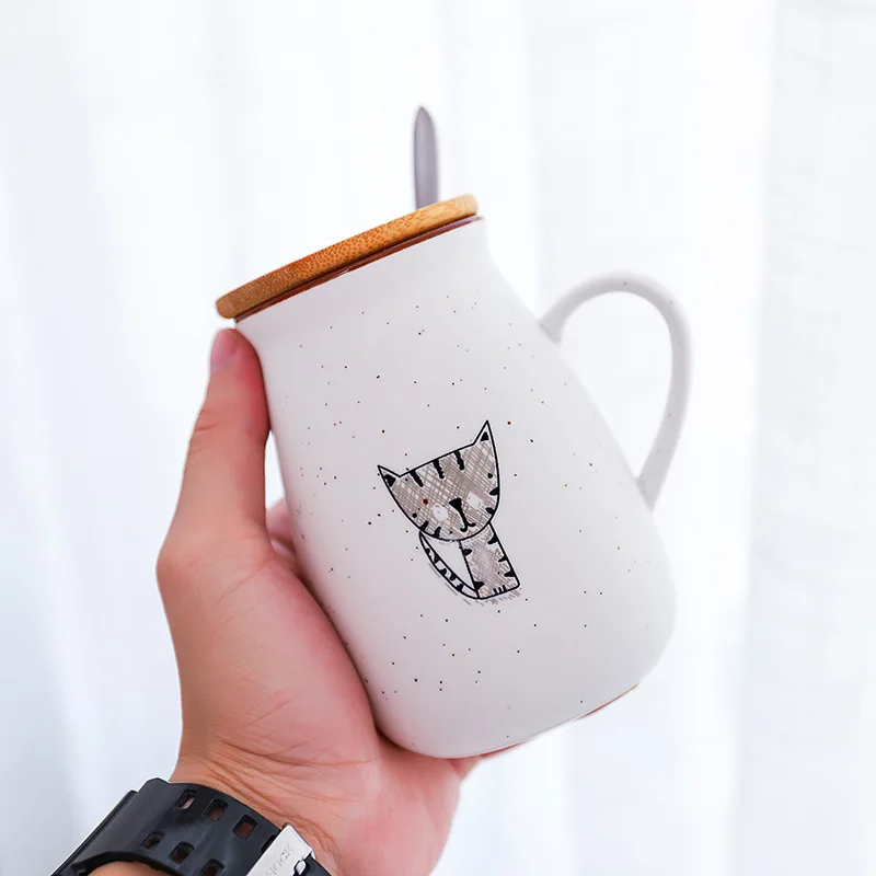 

Simple Big Belly Cat Mugs Creative Granite Style Ceramic Cup, Creative StarBuck Style Coffee Cup with Cover and Spoon