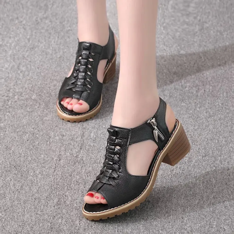 Summer Shoes for Women Sandals Pu Leather Comfort Mother Shoes Zipper Flat Solid Color Plus Size Fashion Sandalias De Mujer