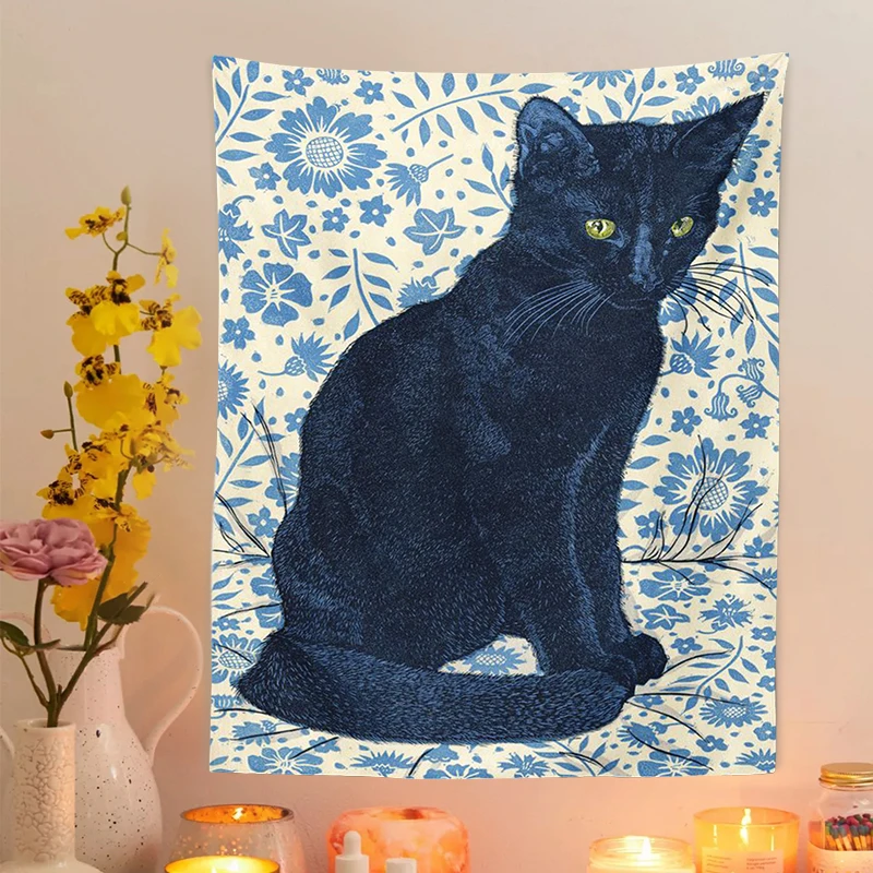 

blackcat tapestrywall hangingtarotcardwitchcraftblueflower leaves background baphont mystery home wall black cool decorative cat