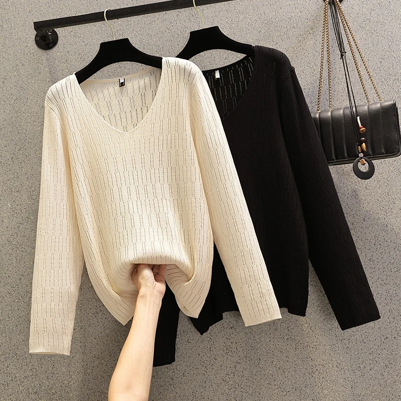 

4XL plus size women Spring autumn sexy hollow out sweater 2022 long sleeve v neck solid Oversized basic pullover casual top