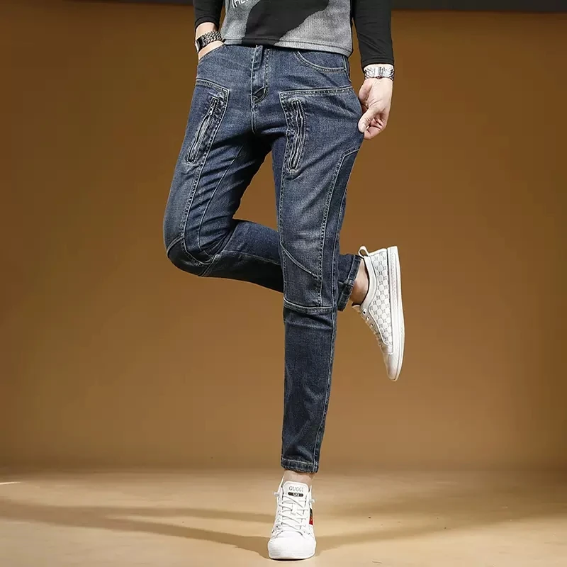 Autumn Blue Patchwork Jeans Men Streetwear Biker Slim Fit Pencil Pants Fashion Casual Zip Pockets Stretch Denim Trousers