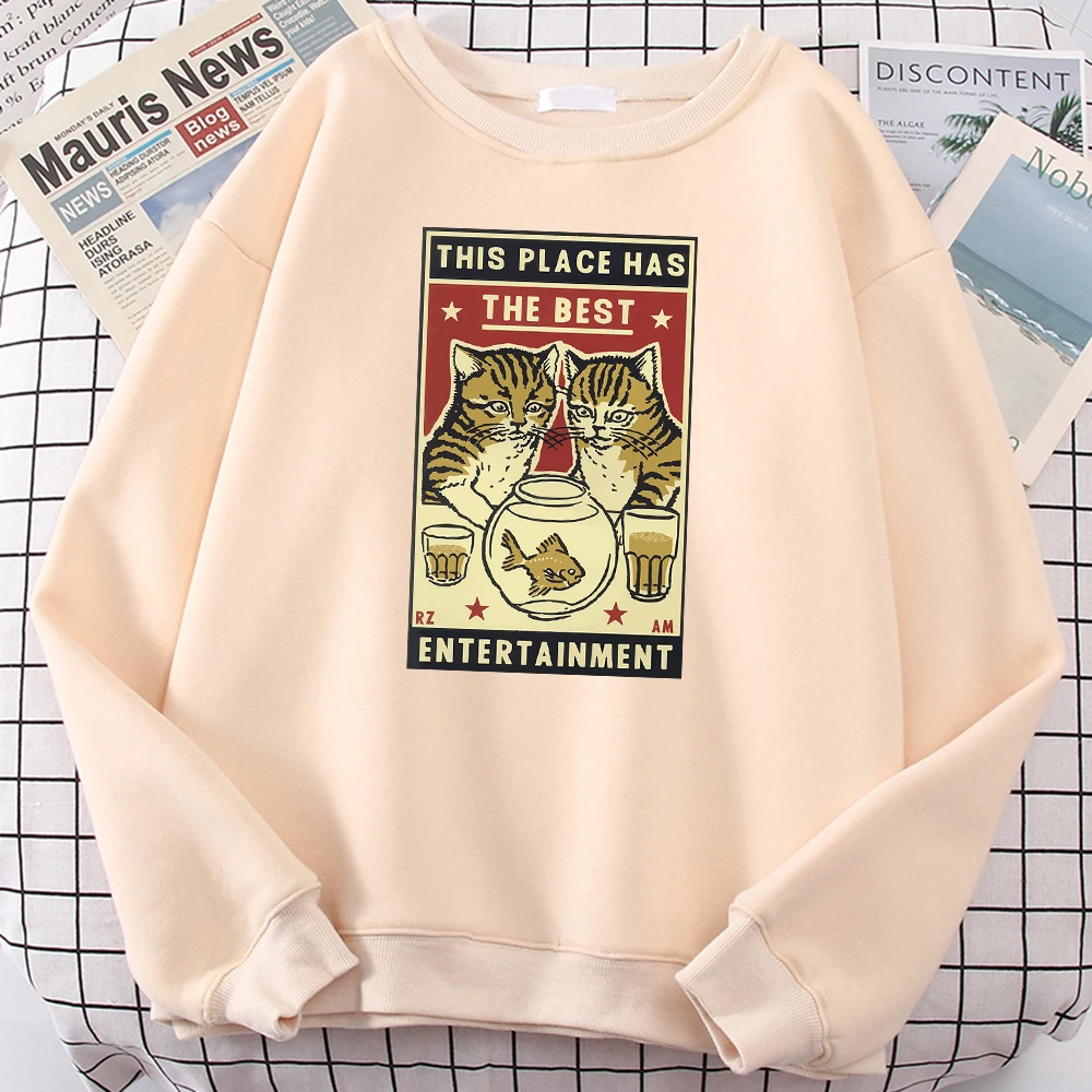 

This Place Has The Best Entertainment Cats With Goldfish Printed Mens Hoodie Funny Creative Fashion Clothes Casual Man Pullovers