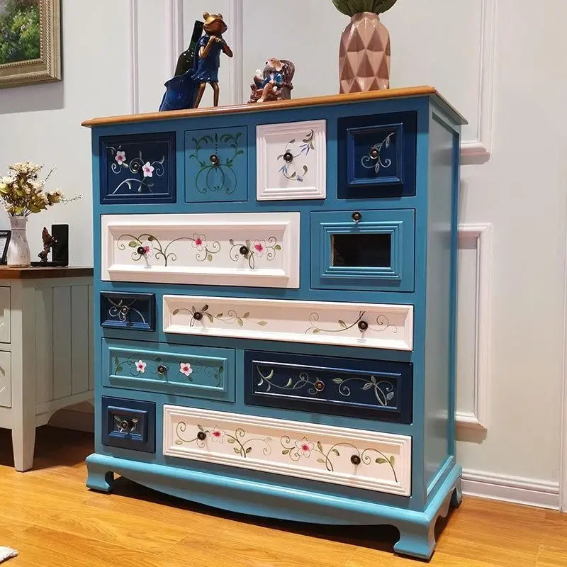 

American-style Chest of Drawers Locker Porch Blue Living Room Cabinet Solid Wood Mediterranean Twelve Bucket Bedroom Decoration