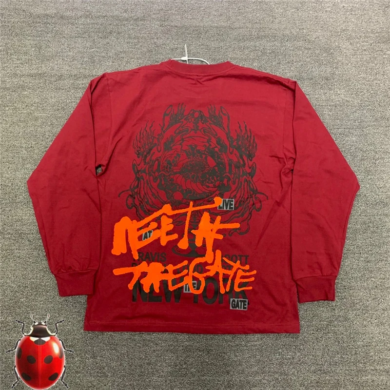 

Long Sleeve Red Travis Scott Cactus Jack T Shirt Men Women High Quality Text Flame Puff Print T-Shirt Oversize Tees Top