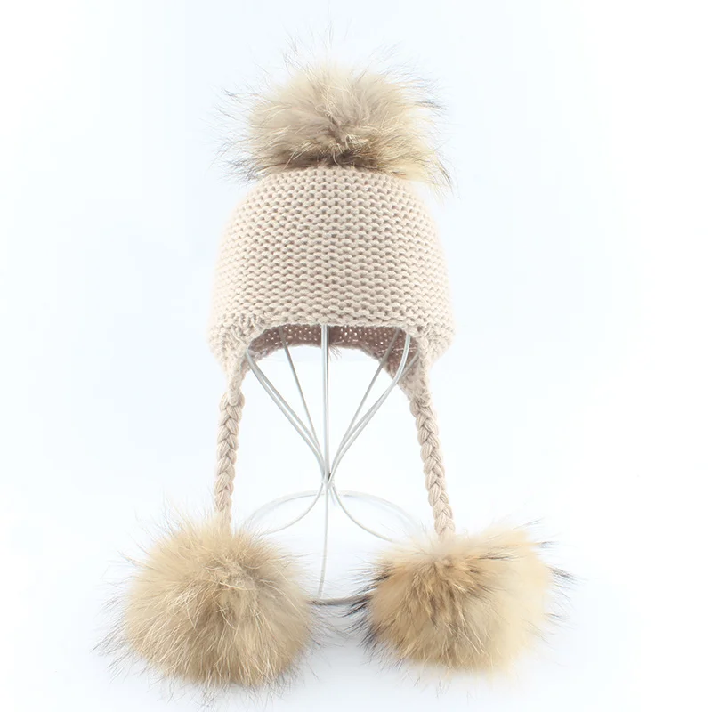 

Winter Baby at Real Fur Pompoms Skullies Beanies Warm Knitted ats For Kids Ear Protection Infant Baby Cap