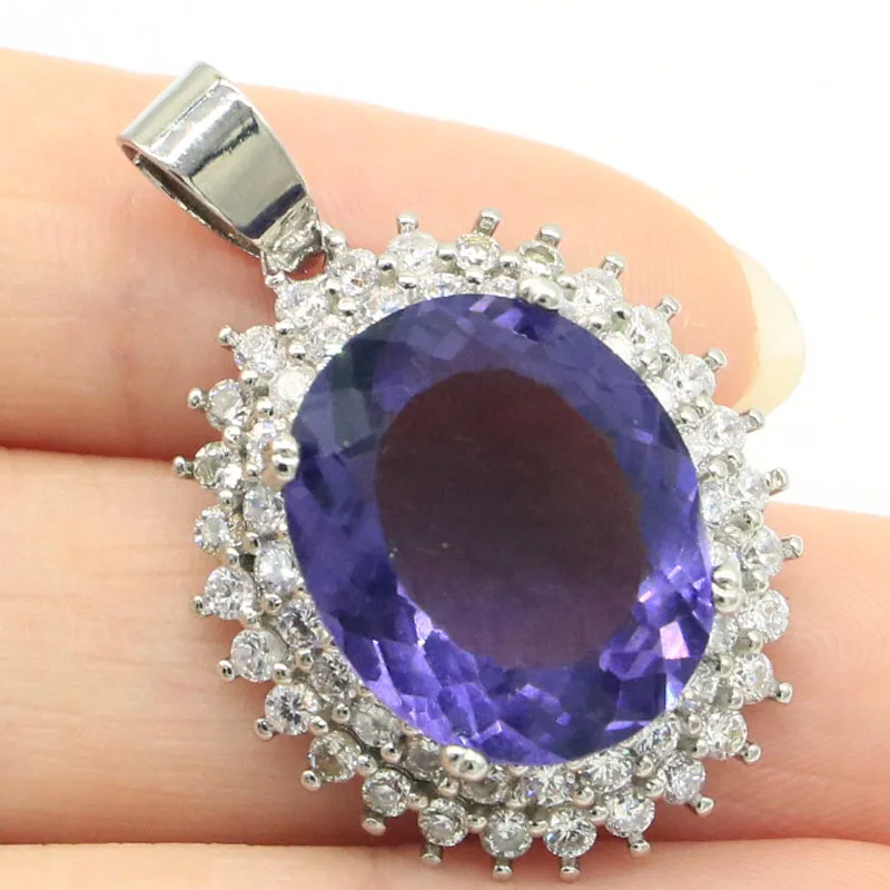 

7g 925 SOLID STERLING SILVER PENDANT Deluxe Oval Gemstone Purple Spinel Rich Blue Violet Tanzanite Green Peridot CZ Daily Wear