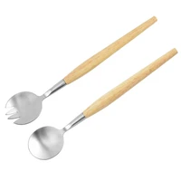 stainless steel spoon fork set washable handheld rubber wood handle anti slip flatware indoor house kitchen dinnerware for soup