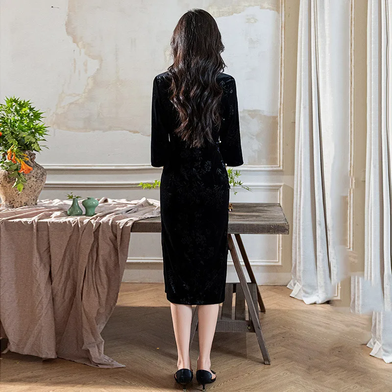 Черное бархатное длинное платье Cheongsam в китайском стиле новое облегающее