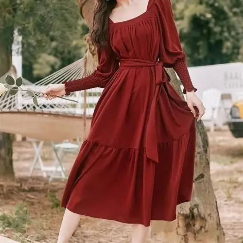 

Square neck long sleeve big hem maternity dress loose long skirt one