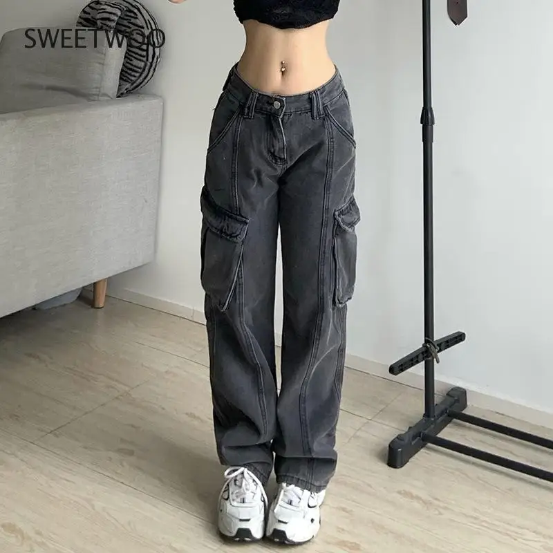 Women Y2K Cargo Jeans Big Pockets Vintage High Waisted Hippie Trousers Baggy Jeans New Korean Straight Sweatpants Emo Bottoms Bf