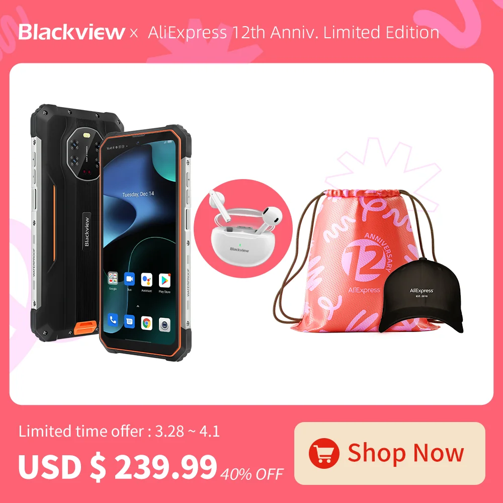 

Blackview x AliExpress 12th Anniv. Limited Offer Blackview Rugged Smartphone BV8800 & Bluetooth 5.3 TWS Earphone. 328 Sale Only