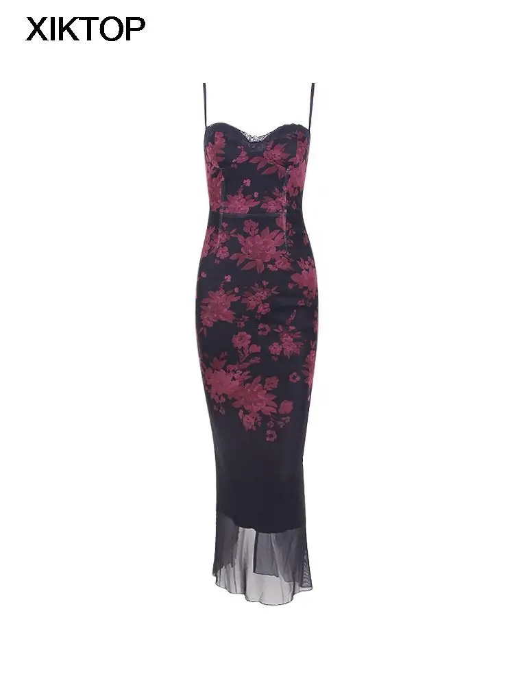 Xiktop Elegant Floral Print Maxi Prom Dress Sexy Mesh Celebrity Evening Party Dresses Bodycon Spaghetti Strap Summer Women Dress