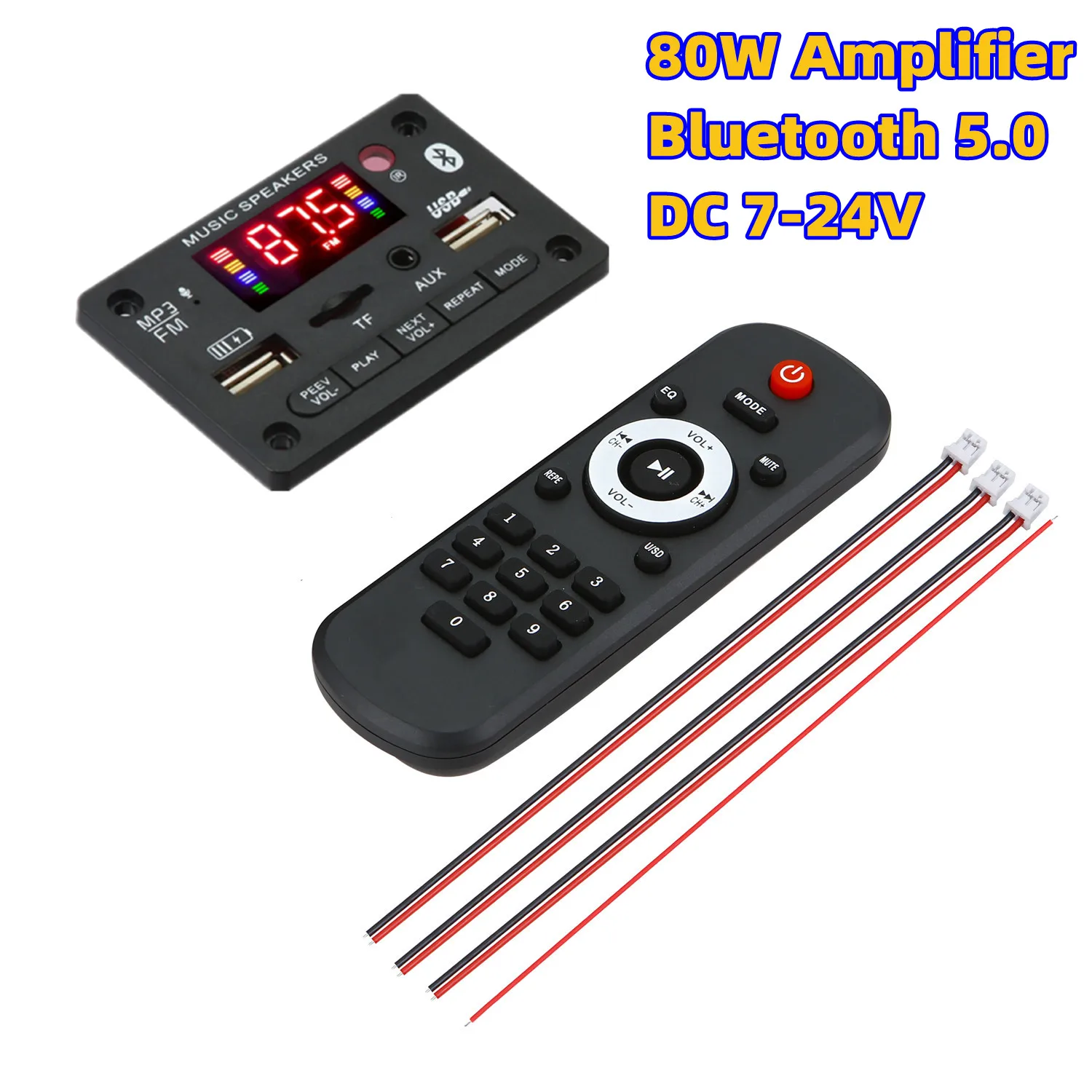 

DC 7V-24V 2*40W Amplifier MP3 Decoder Board Bluetooth 5.0 80W 12V Music Player USB Module FM AUX Radio Recording Handsfree Call