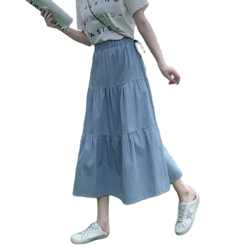 

Women Skirts Elastic Waist A Line Swing Party Clothing Vintage Summer Sexy Solid Colour Faux Denim Female Mini Dress