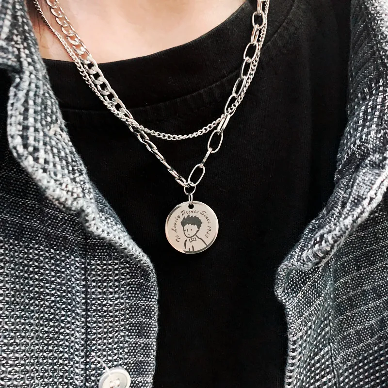 

Simple little prince ins round card pendant student double-layer necklace men and women tide cool wind couple hip hop fashion