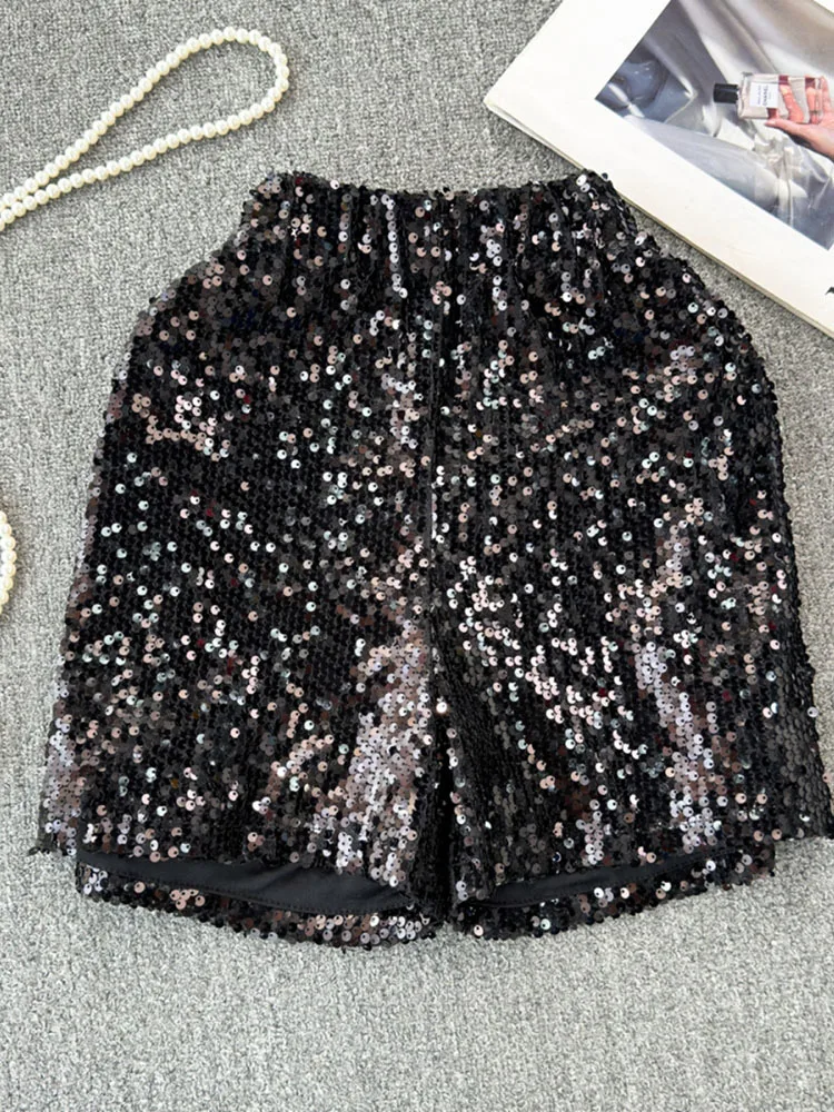 Блестящие сексуальные женские блестящие шорты с завышенной талией и круглым