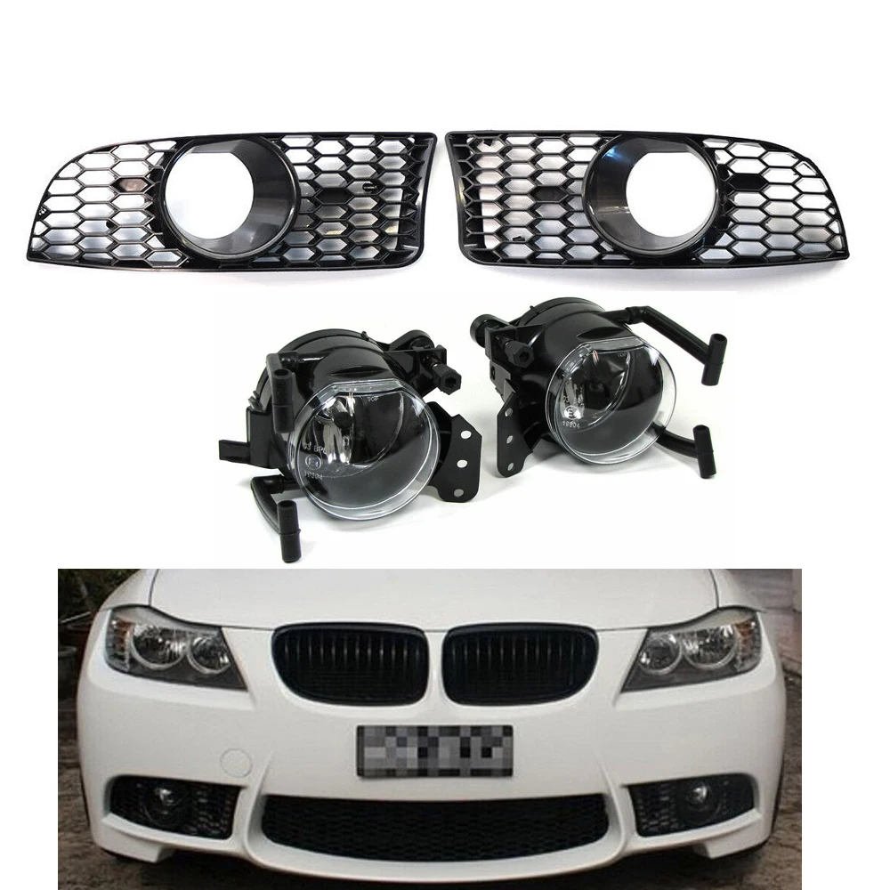 

For BMW 3-Series E90 E91 E92 E93 2006-2011 M3 Style Car Front Bumper Lower Fog Light Lamps Grilles Grille Replacement With Bulbs