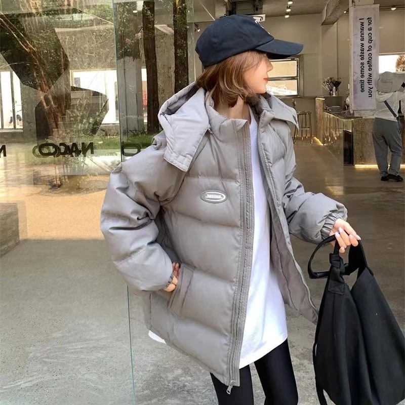

3-Color Korean Short Solid Casual Loose Down Cotton Women 2023 Winter New Thickened Student Bread Jacket Hooded Cold-Resistant