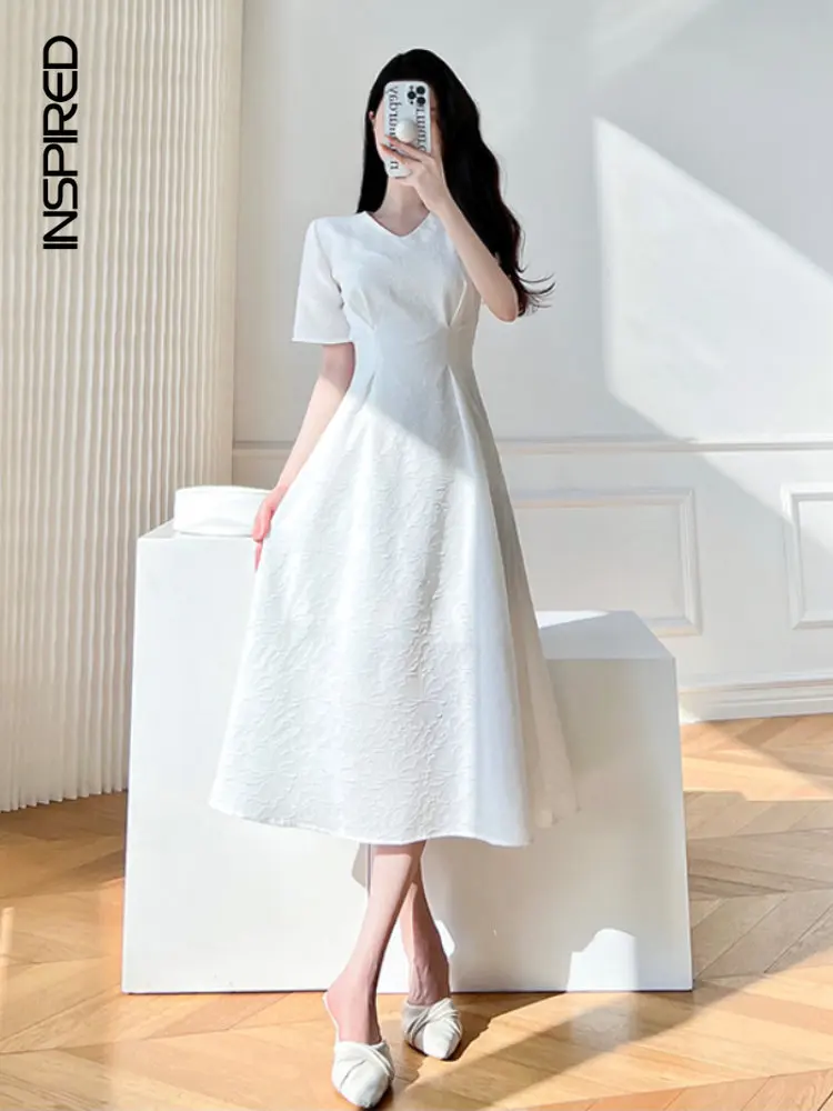 

Hepburn Style Simple White Jacquard Dress 2023 Summer Commuter V-neck Short Sleeve Dress Women Fashion Solid Color Office Dress