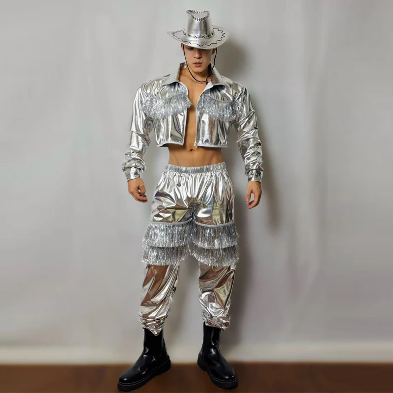 Фото Мужской танцевальный костюм Muscle Man Silver Laser с бахромой в стиле хип-хоп, сексуальный костюм для танцев на пилоне, мужская одежда для джазовых танцев, одежда для выступлений в барах и на сцене, XS10402 №3