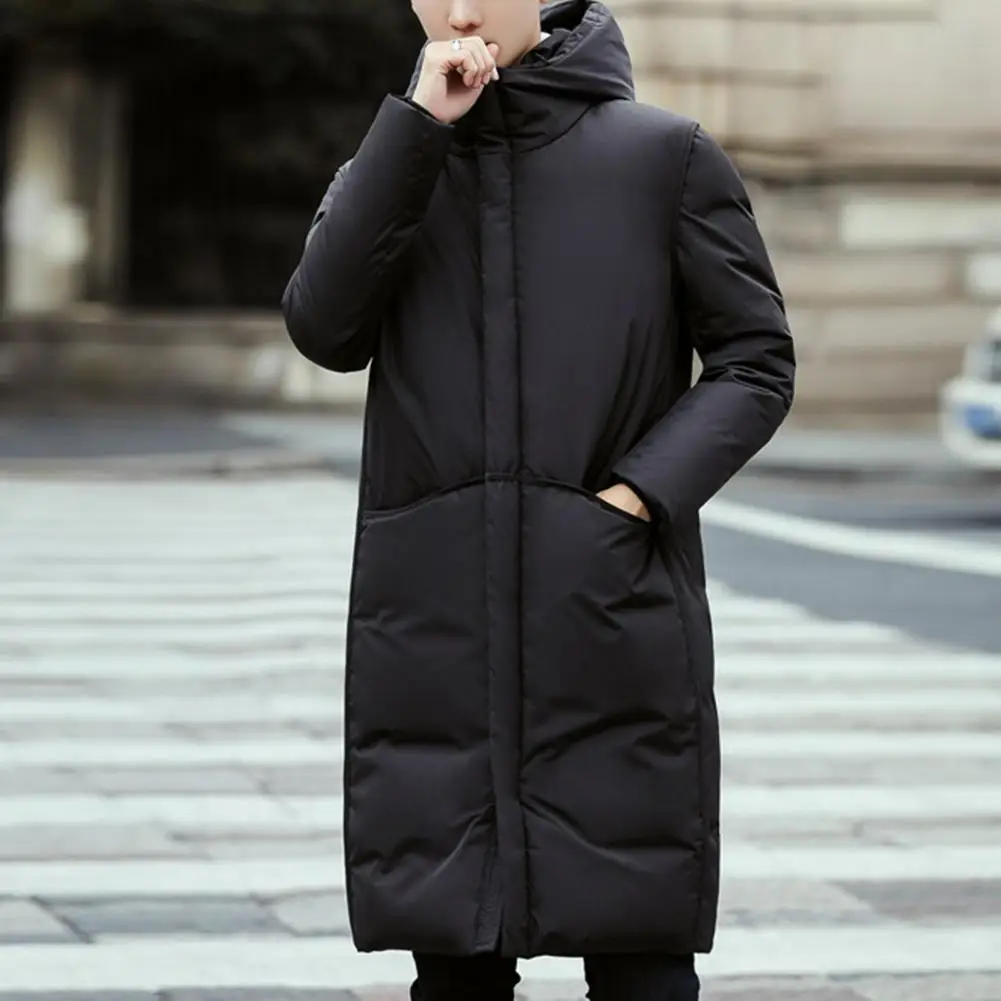 Men Hooded Jacket Cotton Padded Solid Color Long Sleeve Coldproof Outerwear Winter Thicken Fluffy Filling Windbreaker Streetwear