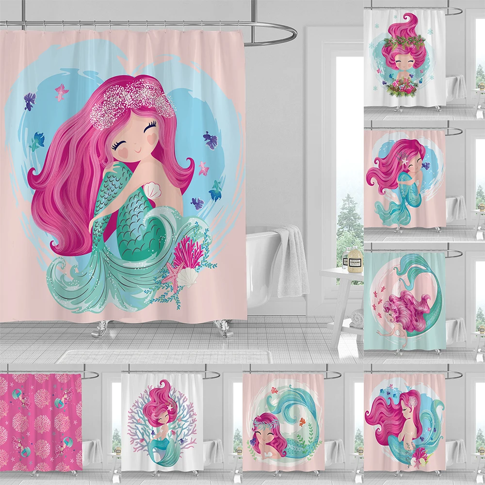 

Pink Mermaid Shower Curtain Cartoon Mermaid Girls Kids Ocean Bath Decor Waterproof Fabric Polyester Shower Curtain with Hooks