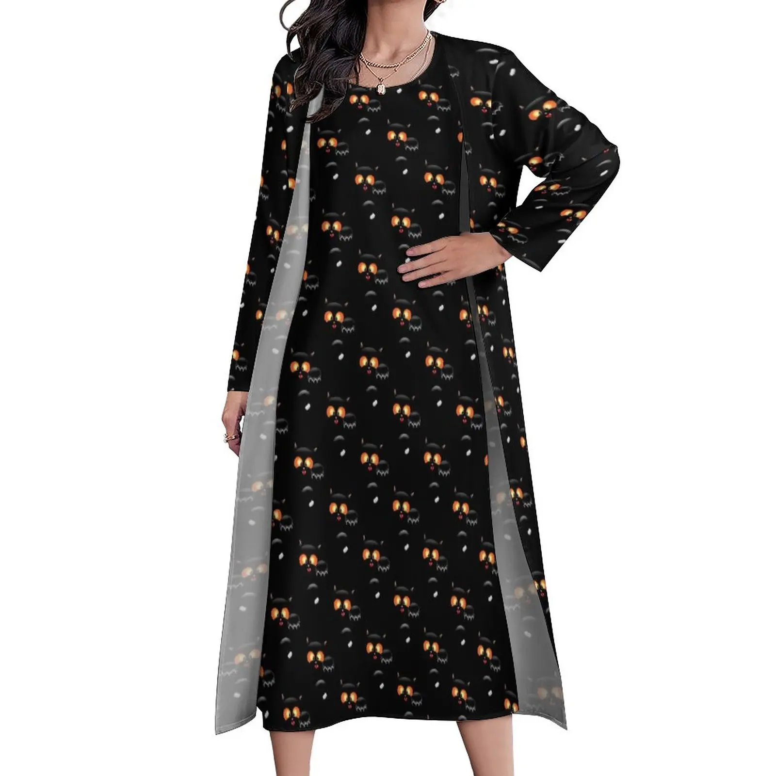 

Spooky Black Cat Dress Happy Halloween Beach Maxi Dress Long Sleeve Pattern Bohemia Long Dresses Street Style Big Size Vestido