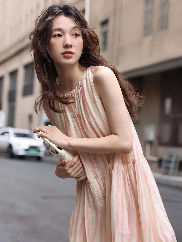 Женское летнее платье-жилет в розовую полоску приталенная длинная свободная