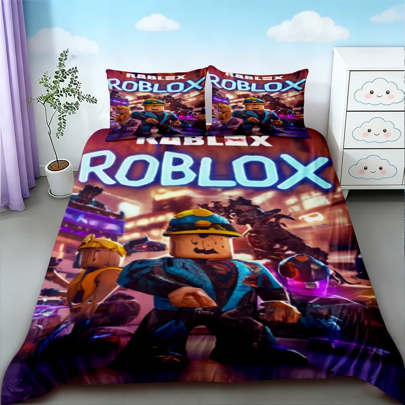 Фото Комплект постельного белья Roblox из 3 предметов: пододеяльник и наволочки, мультяшный дизайн для подростков, размеры Queen и King, для декора спальни, подарки для дома №4