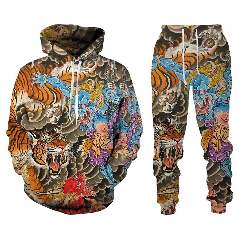 

Harajuku 3D Tiger Printed Men Hoodies Pants Casual Hooded Sweatshirt Sweatpants Tracksuits 2pc Set Autumm And Winter Sport Suit