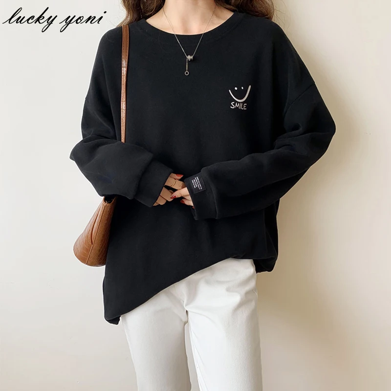 

Yoni Loose Smile Printed T Shirt Women Casual Soft O-neck Long Sleeve Teeshirt Female Simple Cotton Basic White/Black Tops