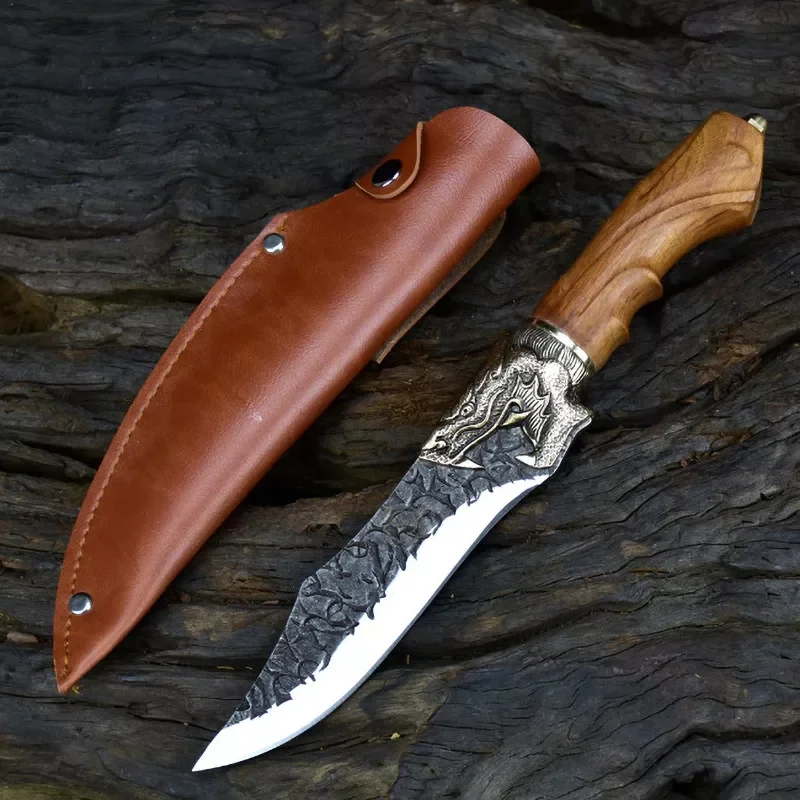 

5.5" Handmade Viking Knife 7Cr17MoV High Carbon Steel Hunting Outdoors Sharp Utility Cleaver Kitchen Knives Copper Dragon Decor