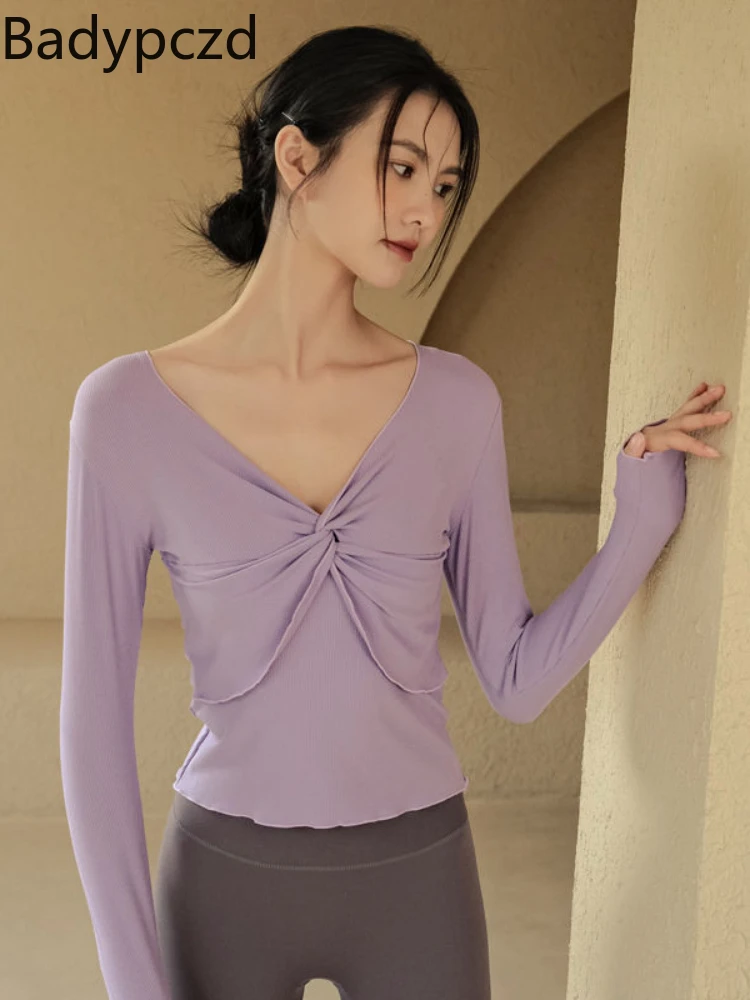 

Badypczd Yoga Clothes Autumn Gym Sports Tops Dance Training Long-sleeved Slim Fit V-neck Fitness T-shirts Running Workout Shirts